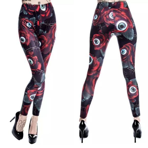 Killstar C U In Paradise All-Over Rose Eyeball Print Stretch Leggings, size XS - Picture 8 of 8